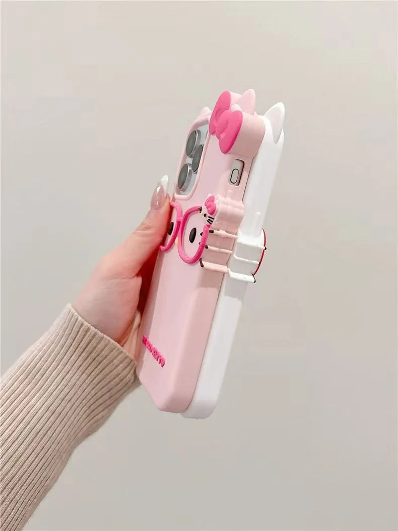 Hello Kitty 3D Cat-Eye Glasses Silicone Phone Case for iPhone 17 Pro Max 16 15 Plus 14 13 Mini 12 11 4 4S 5 5S 7 8 SE Shockproof