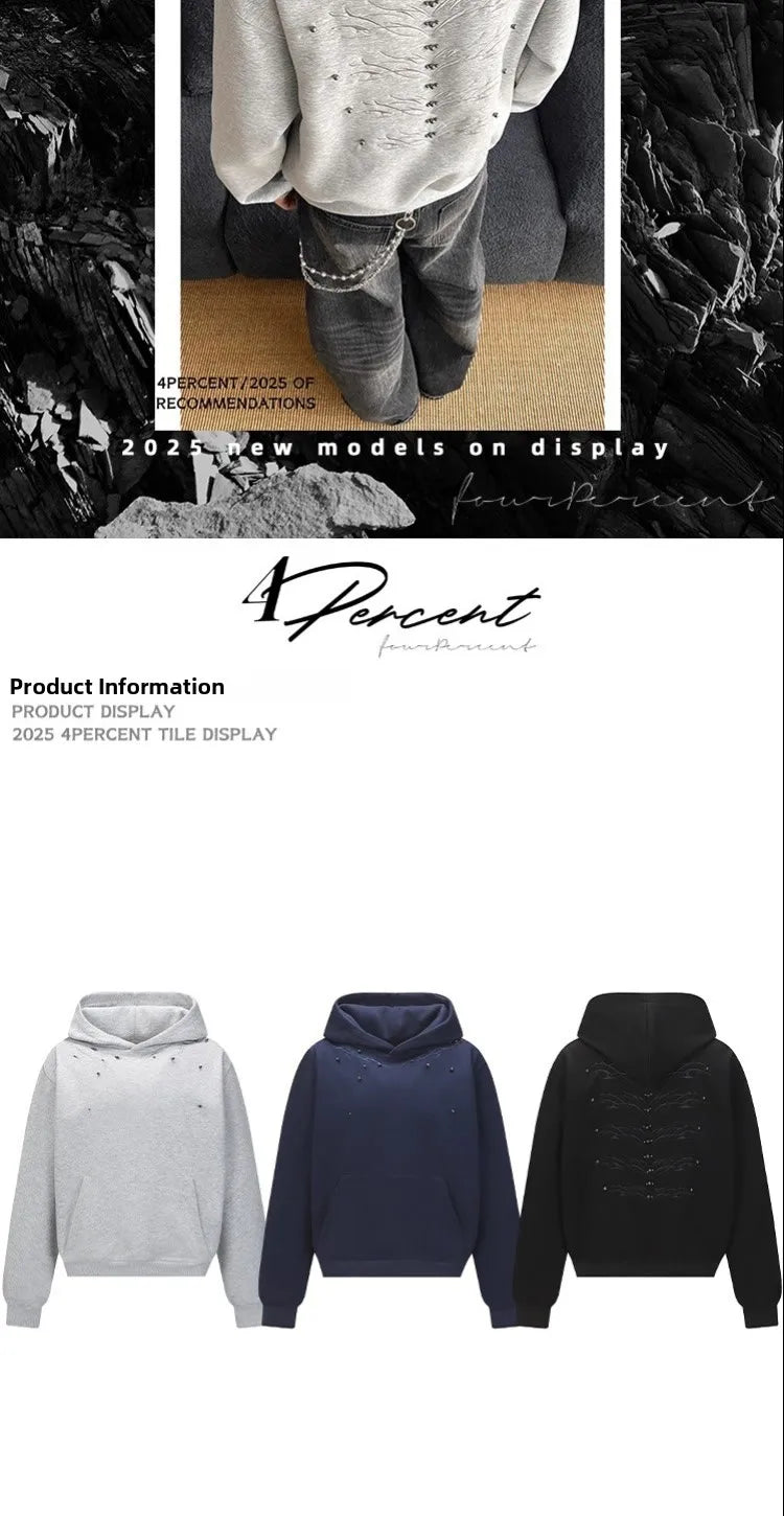 American Retro Spine Embroidered Metal Rivet Pullover Hooded Sweatshirt Men Women High Street Hip-Hop Loose Casual Streetwear