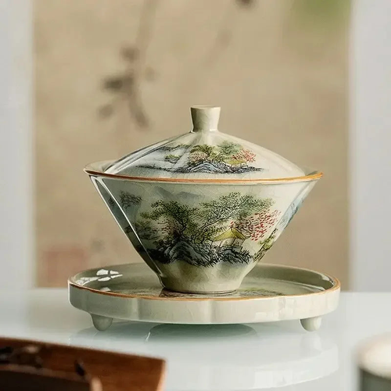 Jingdezhen-Ceramic Tea Cup with Bamboo Hat, Traditional Handmade Tea Ware, Single Bowl, Kung Fu Tea with Lid, Sancai Gaiwan