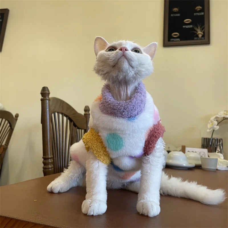 Thick Vest With Polka Dot for Devon Rex in Winter Warm Cmfortable Fleece Sweatshirt for Sphinx Cat Sweet Party Costumes for Pet