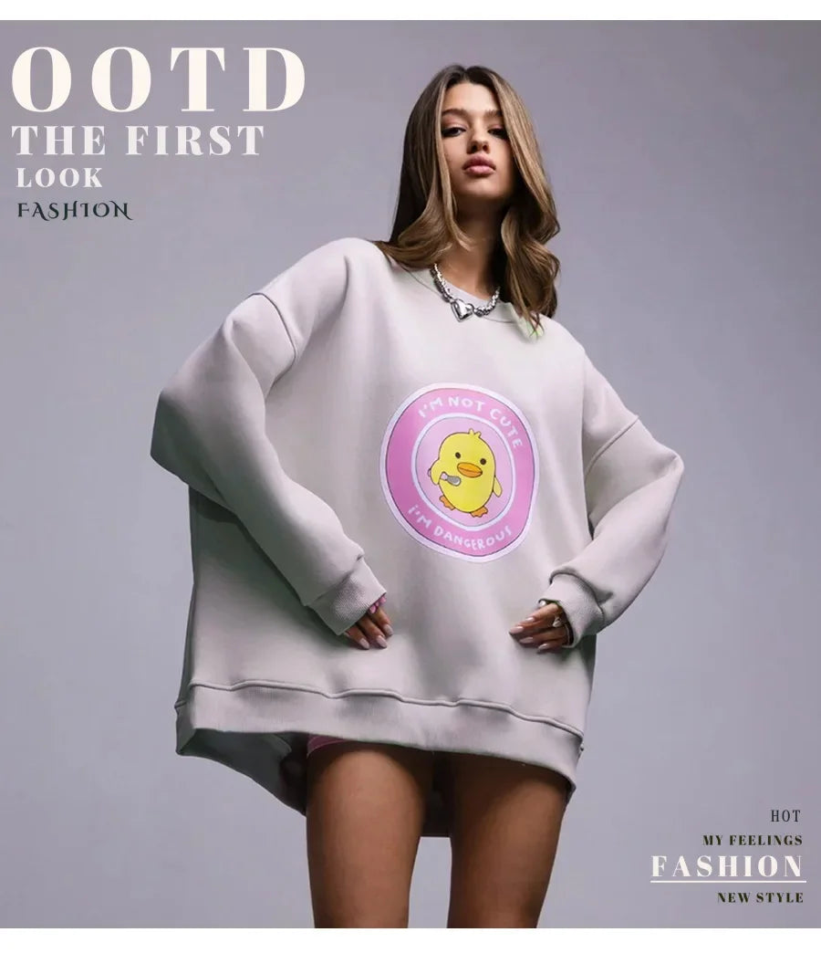 Bornladies Women's Loose Round Neck Sweatshirt Oversized Chic Printing Hoodies Casual Autumn Winter Warm Female Trendy PulloverT