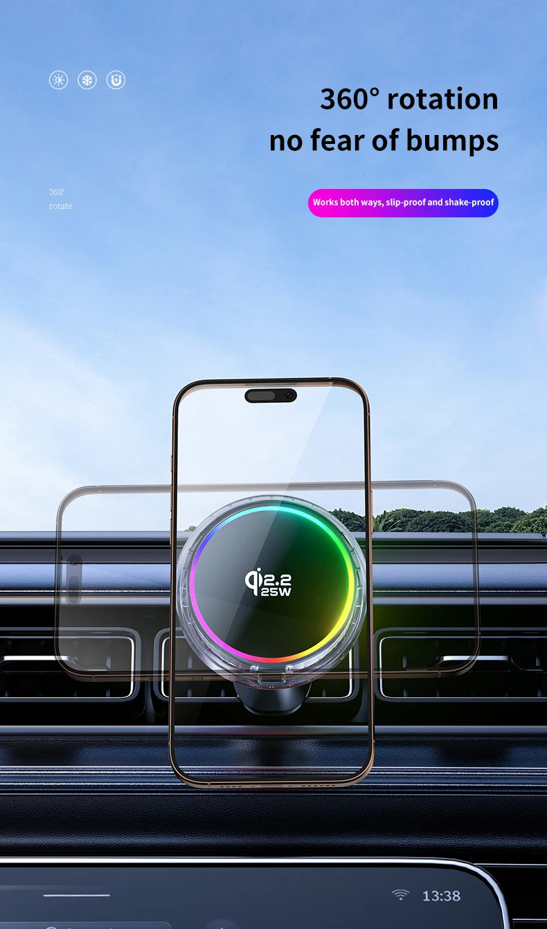 qi2.2 Car 25W Magnetic Wireless Charger Air Cooling RGB Light  Phone Holder For Magsafe iPhone 17 16 15 14 13 12 Fast Charging