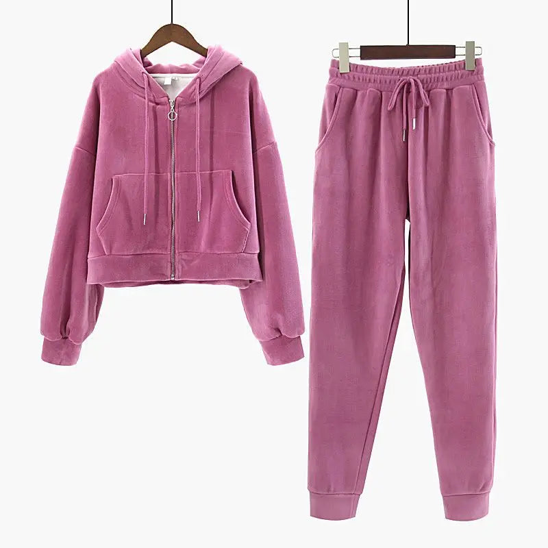 Thickened Gold Velvet Long Sleeved Hooded Sweatshirt with Lace Up Leg Ties Two Elegant Women's Pants Set Tracksuits