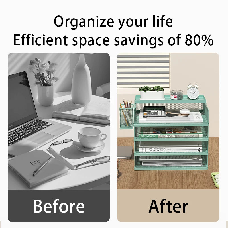 4-Tier Green Stackable Letter Tray Office Desk Organizer File Trays, Desktop Holder for Paper Letter Accessories with Pen Holder