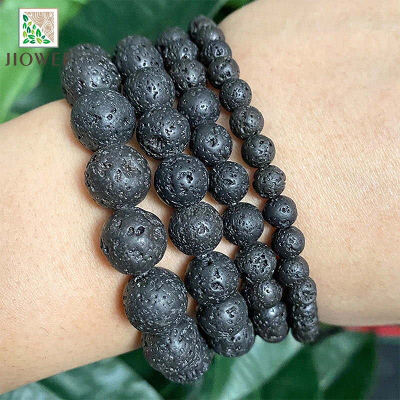 Natural Black Volcanic Lava Stone Round Loose Beads For