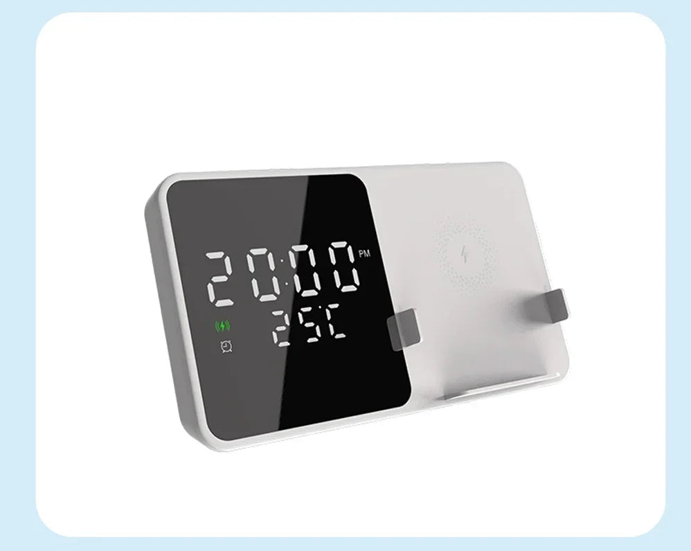 Wireless Charger Pad Stand with Alarm Clock Thermometer for iPhone 14 13 12 11 X Xiaomi Samsung 15W Phone Fast Charging Station
