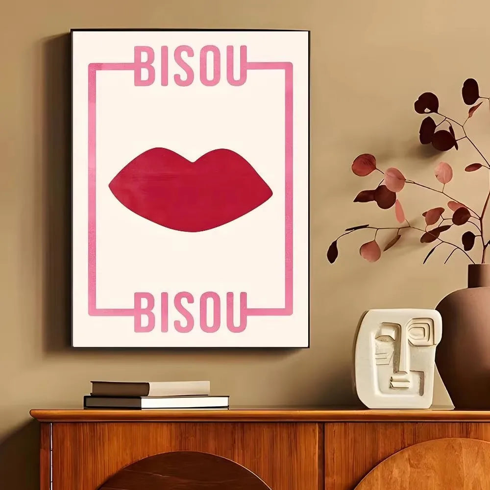 Bisou & More Amore Pink French Canvas Print Good Morning Good Night Kiss Wall Art Poster for Modern Living Room Home Decor Gifts