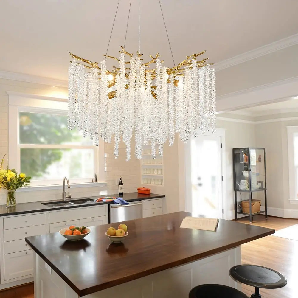 Artpad Luxury Round Crystal Chandelier Dining Room Bedroom Branch Crystal Hanging Pendant Chandelier for Kitchen Living Room