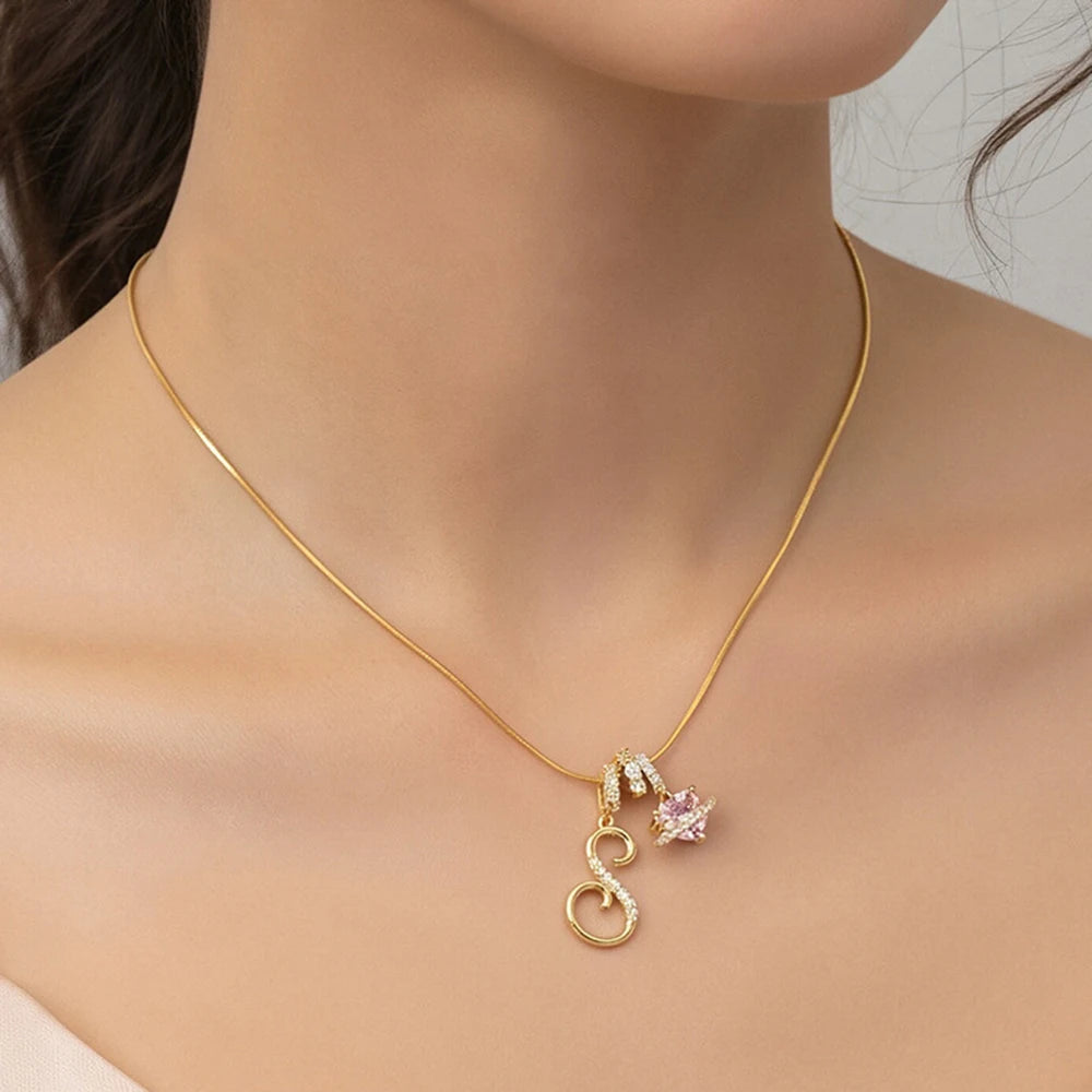 Pink Zircon Heart Letter Necklace, Gold Plated