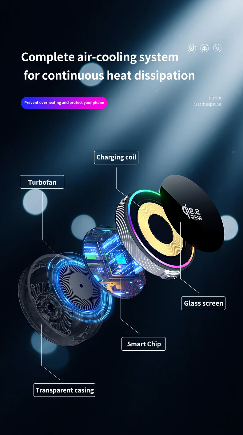 qi2.2 Car 25W Magnetic Wireless Charger Air Cooling RGB Light  Phone Holder For Magsafe iPhone 17 16 15 14 13 12 Fast Charging