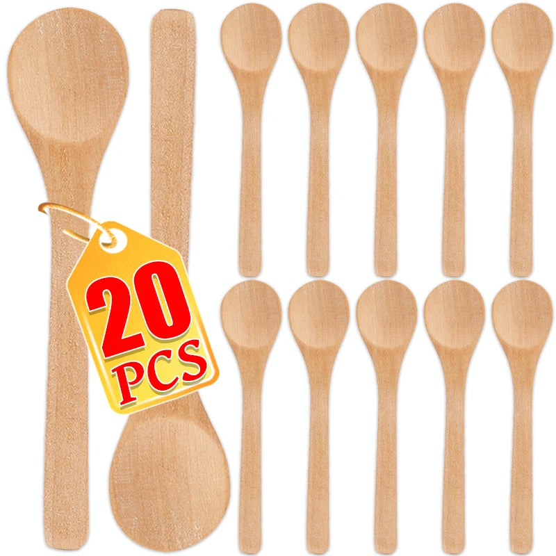 20/1Pcs Natural Wood Spoons Long Handle Soup Stirring Spoons Coffee Milk Teaspoon Scoops Home Kitchen Tableware Cooking Tools