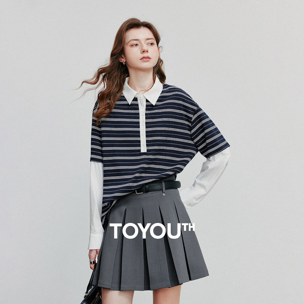 TOYOUTH Women Hoodies Sweatshirt 2025 Autumn New Spliced Fake Two Piece Polo Collar Striped Casual Pullover Tops