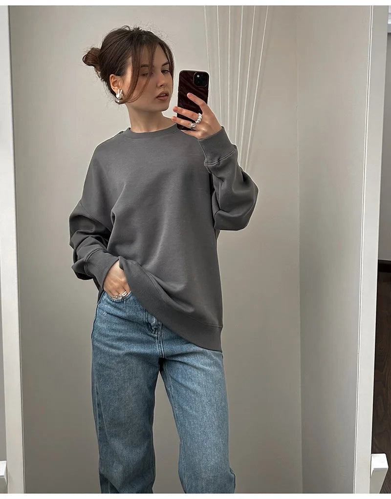 Autumn Oversized Sweatshirts Women Cotton Loose Pullovers Red O Neck Warm Sweatshirt For Women Oversize Winter Clothes Fleece