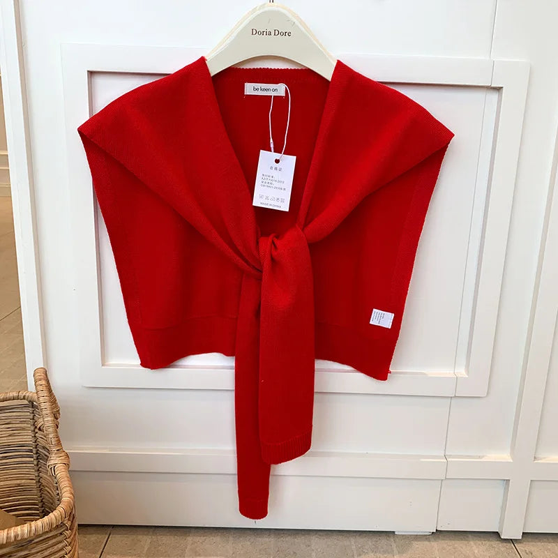 Korean Knitted Shawl Summer Fashionable Versatile Fake Collar Neck Guard Knotted Cape Shoulder Scarf Solid Color Scarve Women