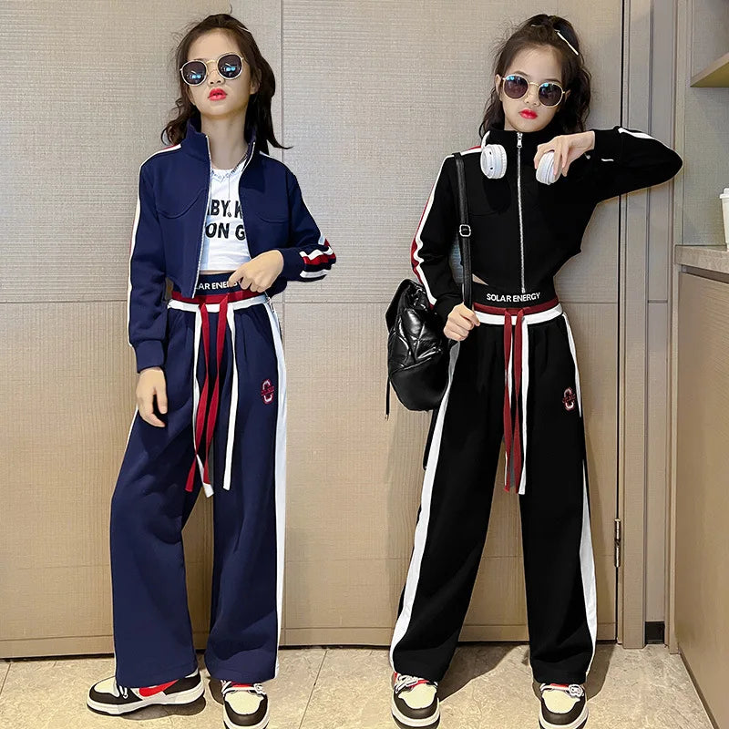 Spring Autumn Girl Striped Cropped Full Zip Sweatshirt+Loose Drawstring Sweatpant Set School Kids Tracksuit Child Outfit 3-16Yrs