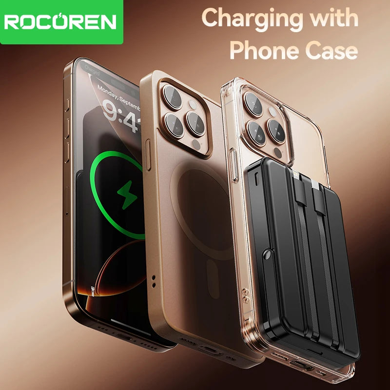 Rocoren PD 22.5W Fast Charging Power Bank 10000mAh Magnetic Wireless Charger for iPhone 16 15 14 Powerbank Built Charging Cables