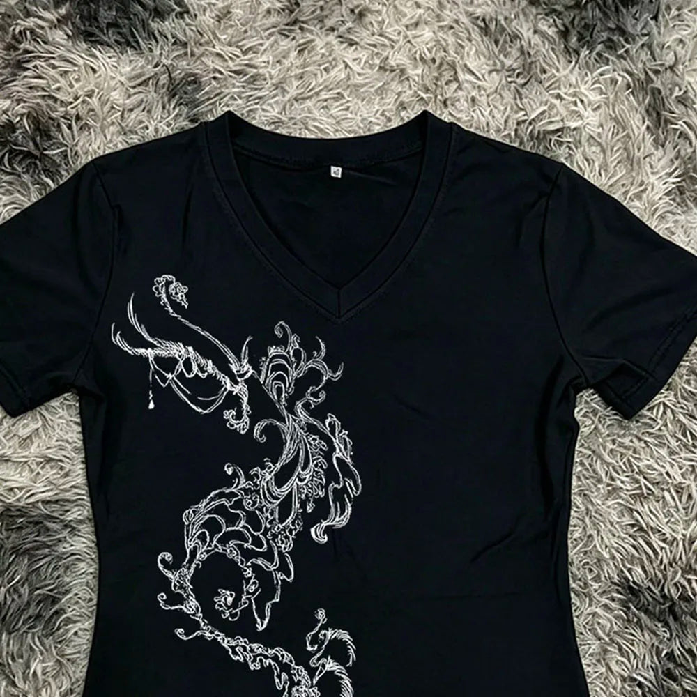 Y2K Aesthetic T-shirt for Women, Fashion V-neck, Casual Pattern, Retro Punk Short Sleeve, Gothic Open Umbilical Top, Girl Fit T-