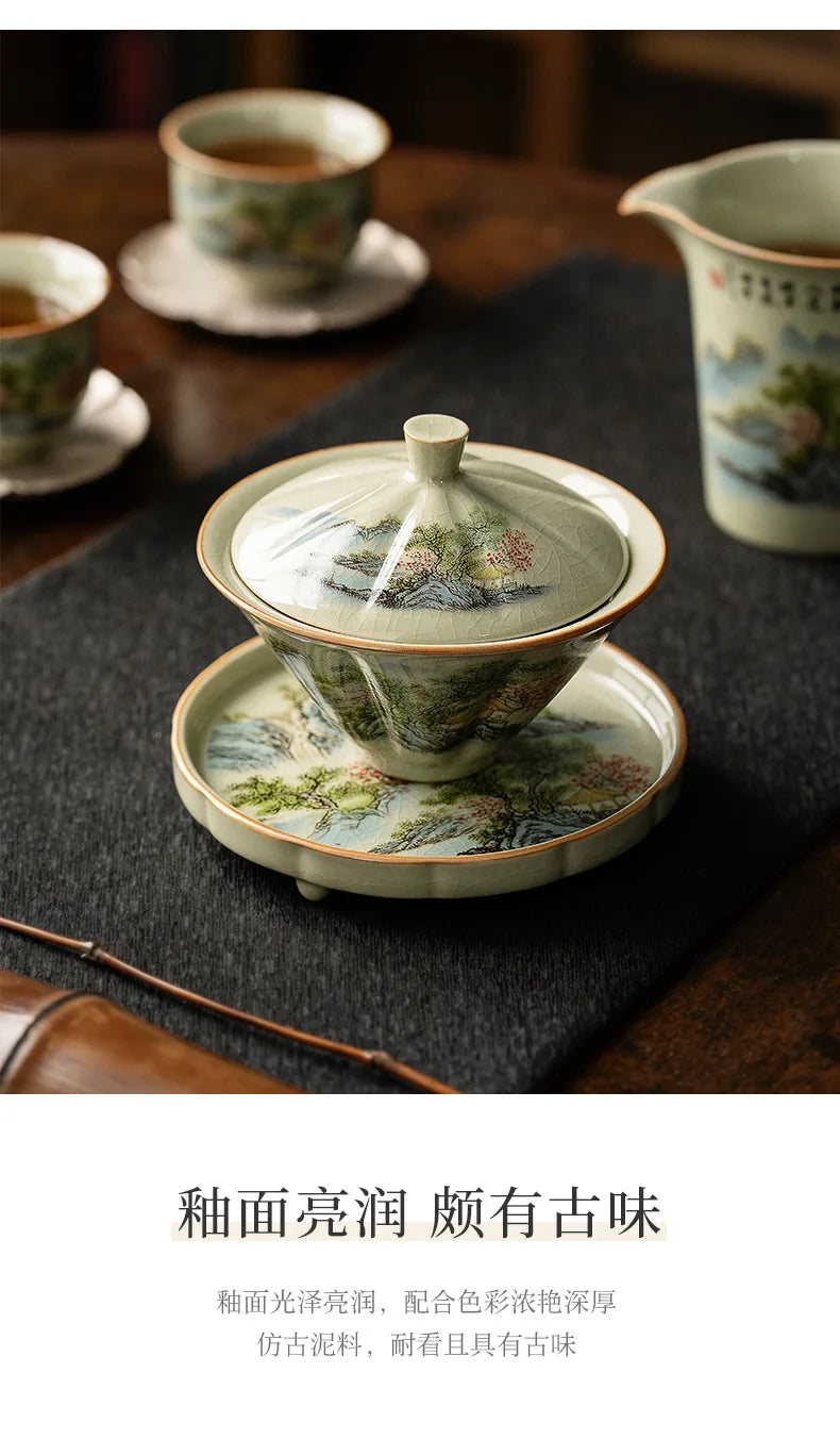 Jingdezhen-Ceramic Tea Cup with Bamboo Hat, Traditional Handmade Tea Ware, Single Bowl, Kung Fu Tea with Lid, Sancai Gaiwan