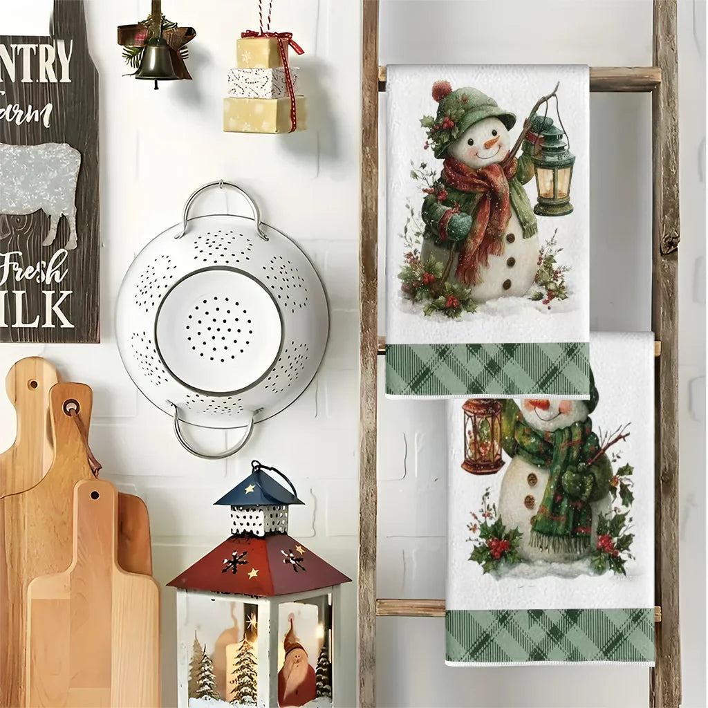 2Pcs, Green Christmas Snowman Kitchen Towels, 40Cm*60Cm Towel Set, Super Absorbent Soft Cleaning Cloth, Cooking and Baking Tea Towel, Hand Towel, Cleaning Cloth, Dishwashing Cloth, Kitchen Decoration, Living Room Decorations,