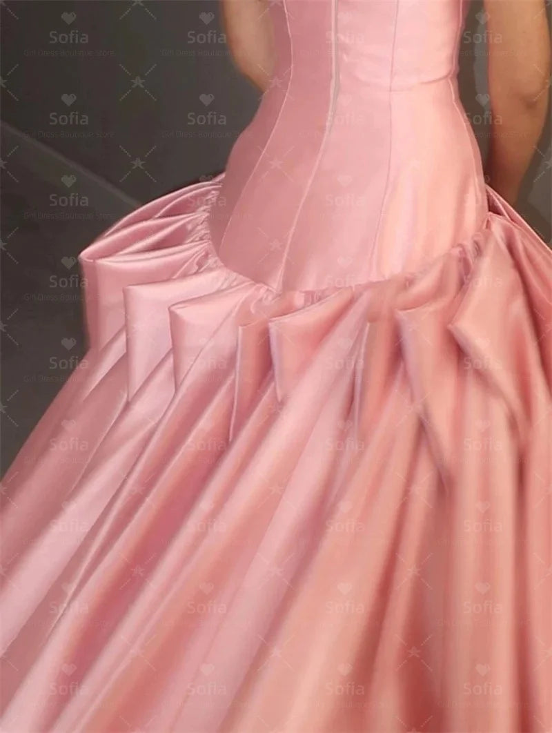 Sofia Princess Elegant Pink Satin Evening Dresses Pleated