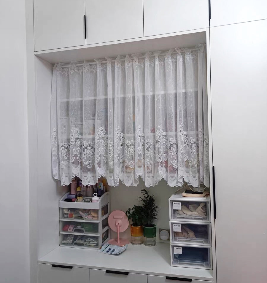 1pc White Lace Sheer Curtains Dining Room Kitchen Cafe Voile Valance Short Curtain Window Treatment Door Curtain Drapes