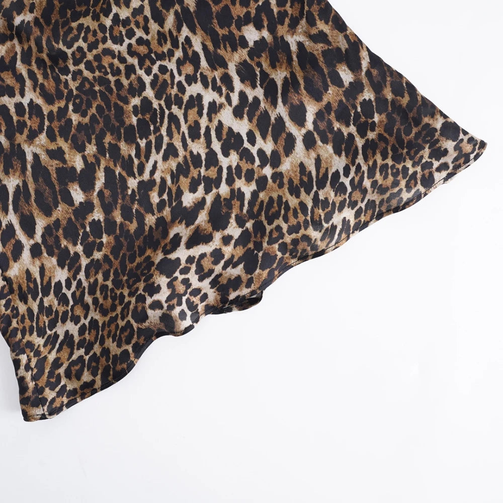 Women Leopard Print Halter Cami Top Lace Trim v Neck Sleeveless