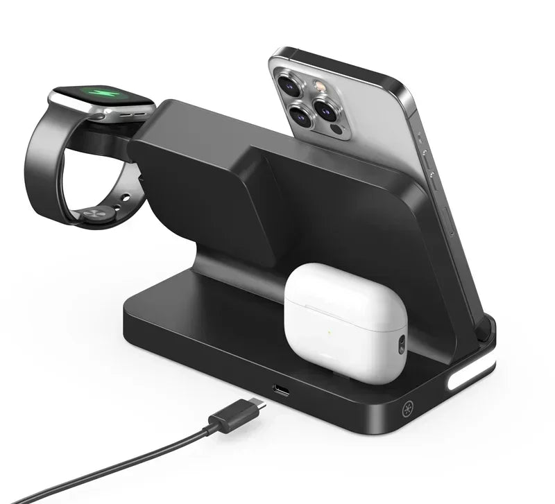 Phone Watch Wireless Charger with LED Light Clock Alarm For iPhone 16/15/14/13/12 Apple Watch 2-10 SE  Airpods Pro Fast Charging