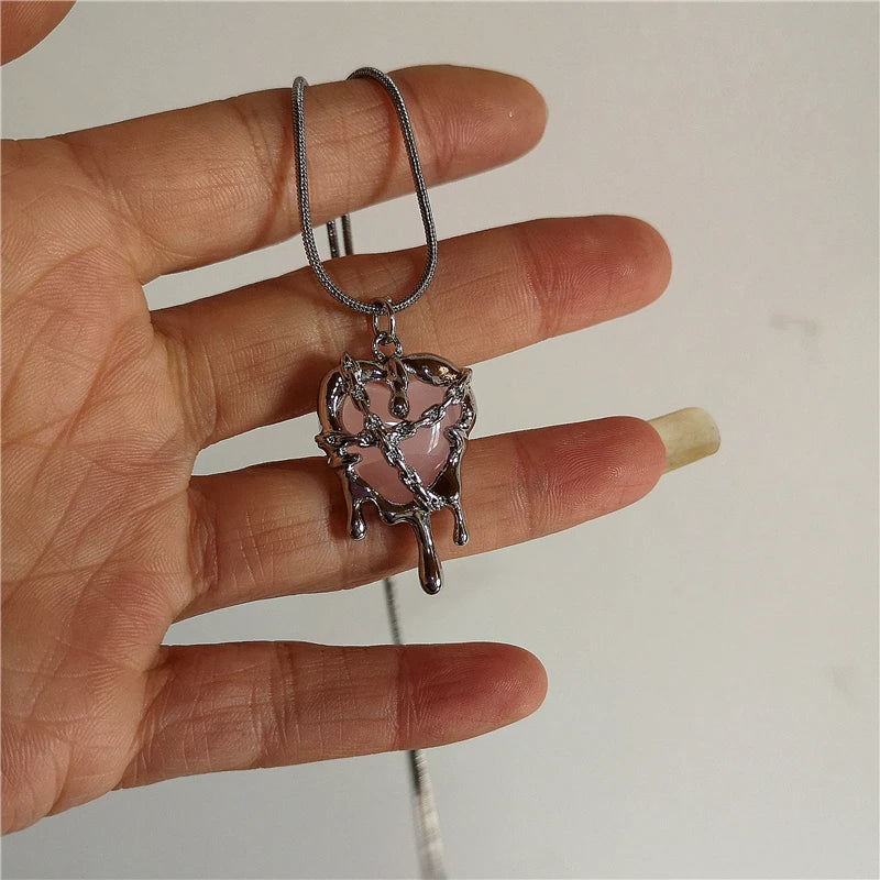 Kpop Vintage Pink Heart Bowknot Pendant Stainless Steel Snake