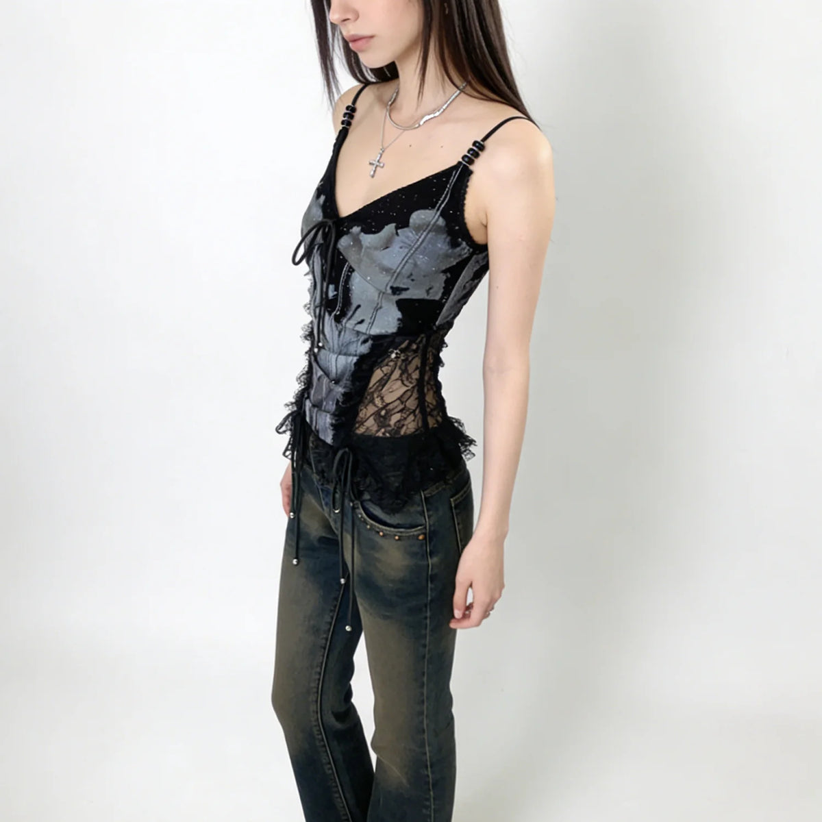 Nova Women's Floral Print Lace Trim Cami Top Spaghetti Strap