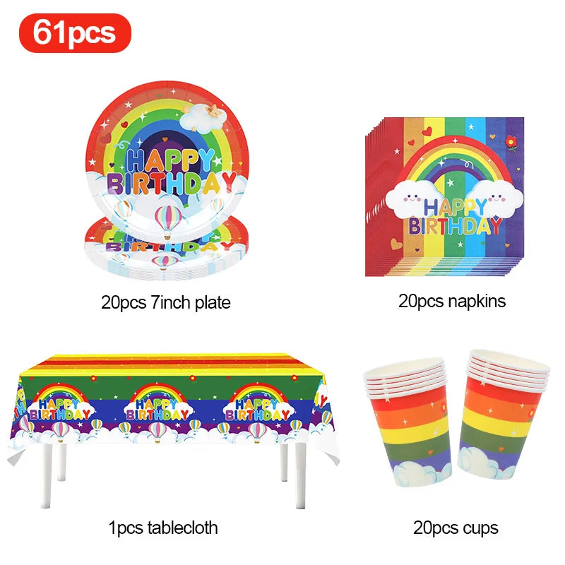 Rainbow Party Tableware Set Paper Plates Cups Napkins Tablecloth Banner Kids Boy Girl Happy Birthday Party Decoration Supplies