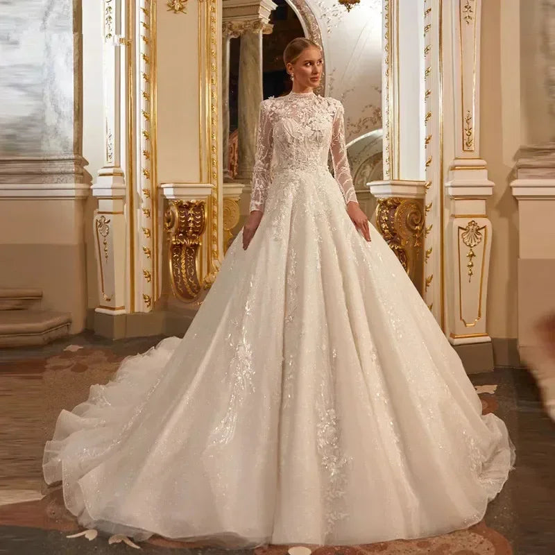 Customized High Neck Ball Gown Long Sleeve Muslim Wedding Dress Lace Applique Romantic Bridal Dress Robe De Mariee Court Train