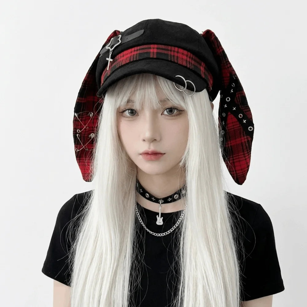 Sweet Rabbit Ears Plaid Beret Hat Irregular Thin Brim - Style A Red