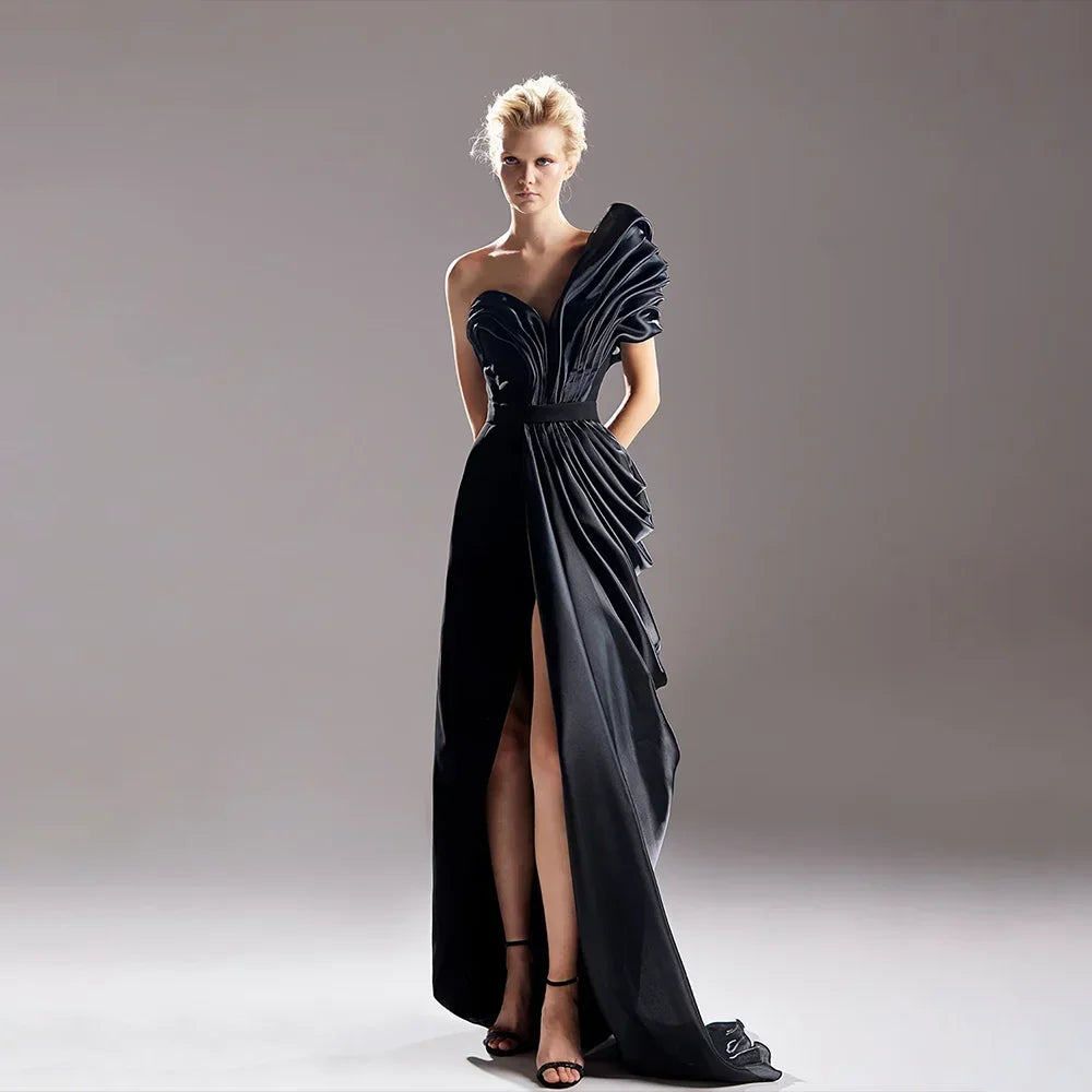 Black Evening Dress Sexy One Shoulder A Line Evening Gowns Pleated Thigh Slit Elegant Women's Formal Party Dresses Customized