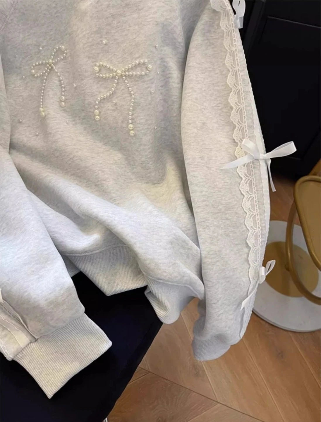 Grey Woman Pullover Tops Lace Emo Cotton Y2k Style New in Dropshiping Vintage 2025 Trend Basic Matching Bow Sweatshirt for Women