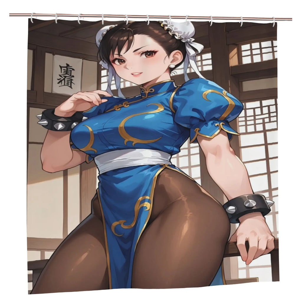 Chun Li Anime Inspired Fashion Shower Curtain with Hooks, Removable & Durable Polyester Bathroom Decor, Machine Washable, Elegan
