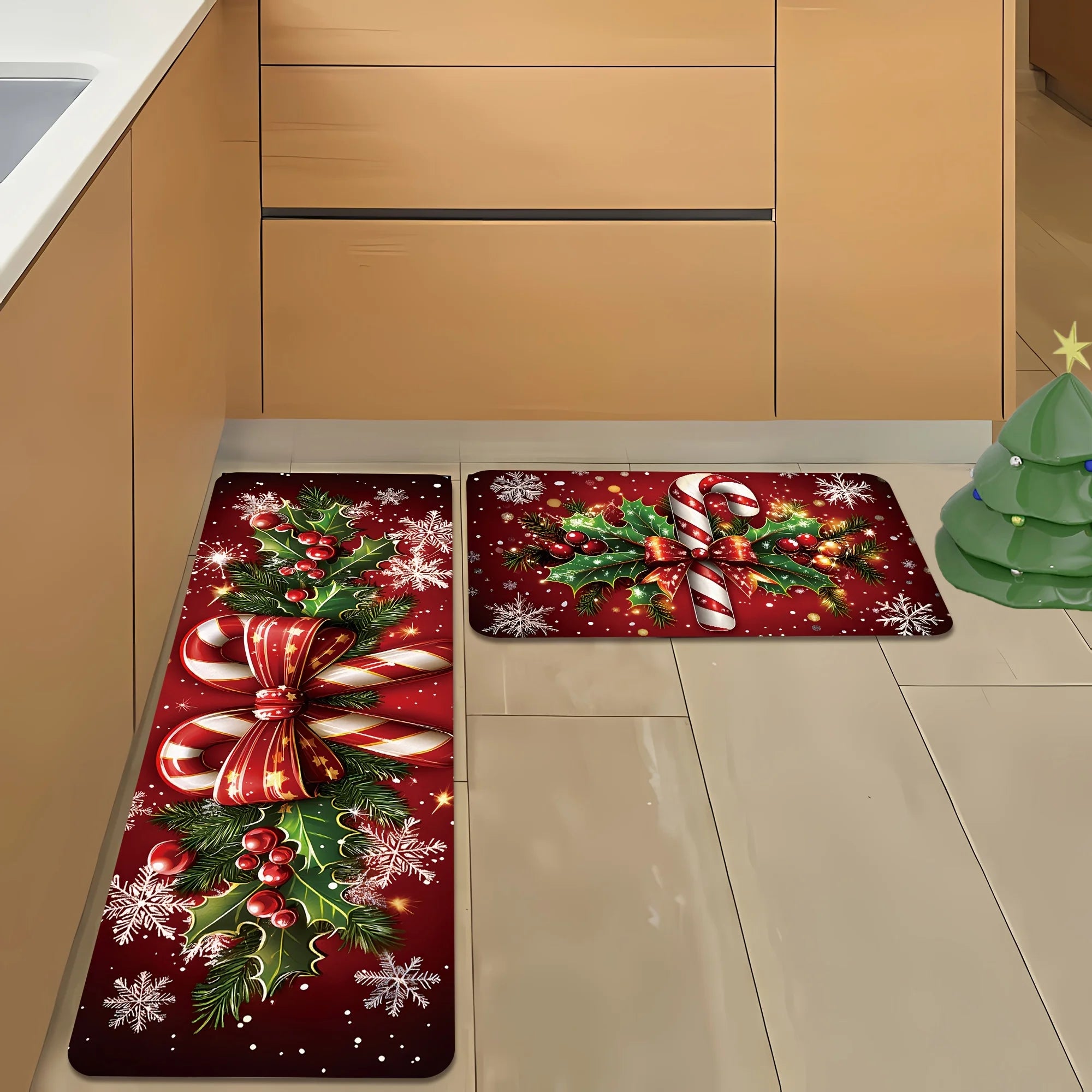 VIKAMA Merry Christmas Winter Decor Candy Canes Holly Snowflake Kitchen Mat Christmas Holiday Atmosphere Decor Festive Home Gift