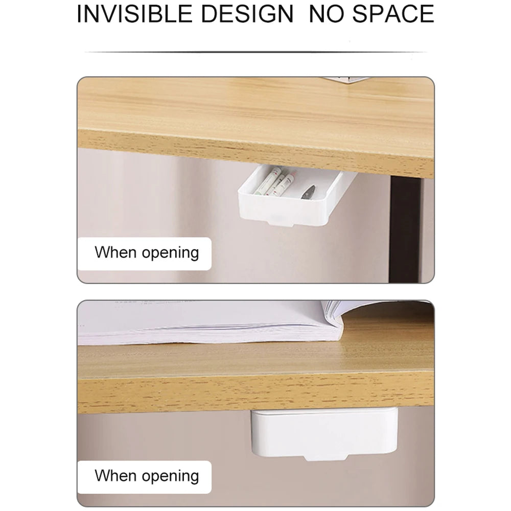 Under Desk Drawer Self-Adhesive Stationery Storage Box Multifunctional Hidden Under Desk Organizer for Home Kitchen Office Table