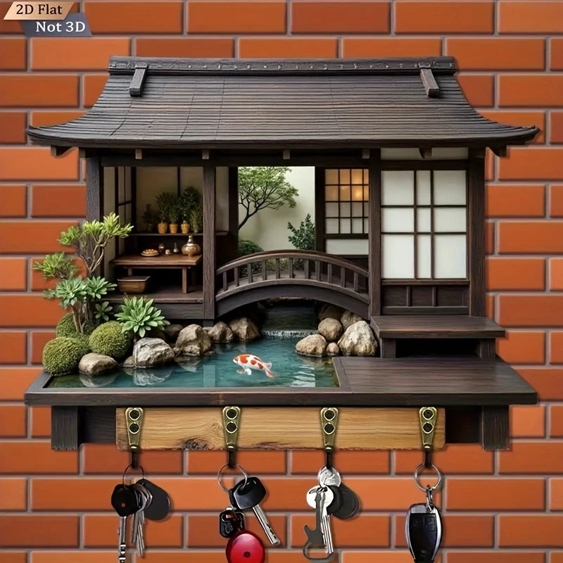 2D Retro Japanese-Style Wooden Key Hook Multi-Functional Home Key Holder for Porch Wall Decoration And Kitchen Storage