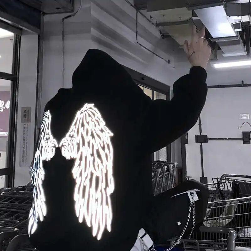 Reflective Male Hoodie Hip Hop Overfit New in No Brand Y2k Vintage Novelty and Simple 90s Tops Fleeced Men's Hooded Sweatshirt