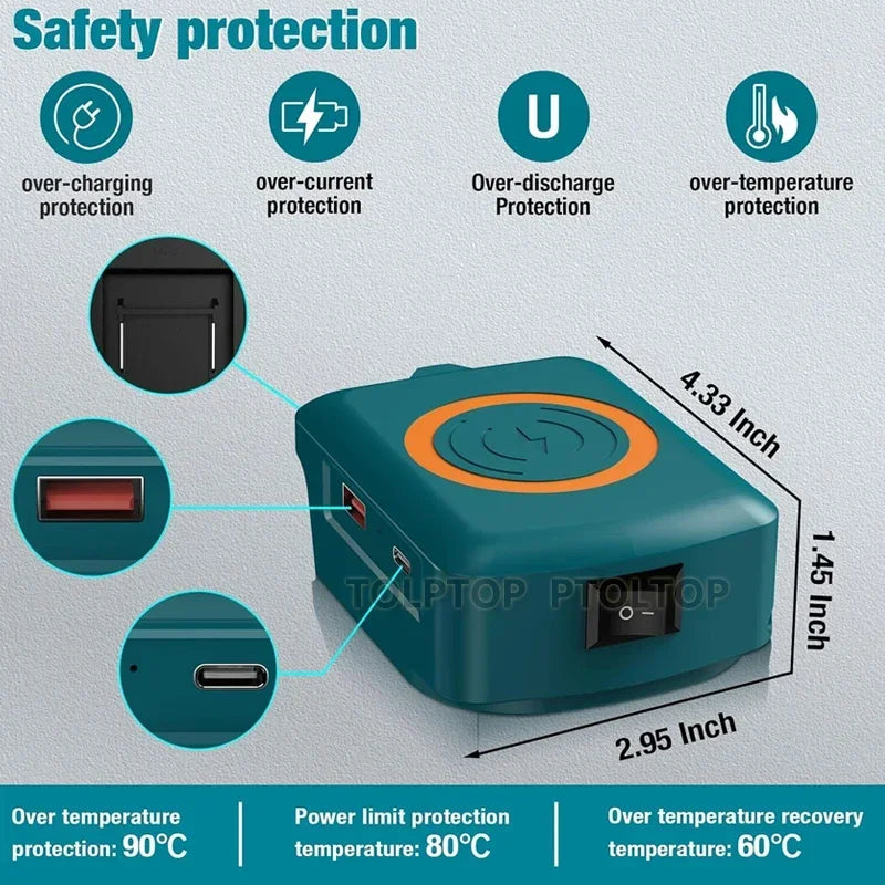 Li-ion Battery wireless Phone charger for Makita/Dewalt/Milwaukee18V with USB TYPE-C Port Fast charging Portable Power Bank