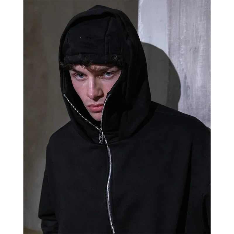 Balaclava Men Zip Hoodie Winter Warm Casual Sweatshirt Y2K with