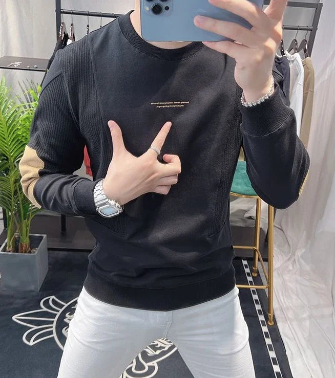 Slim Fit Black Hoodieless Sweatshirt for Men Round Neck Pullover White Male Clothes Crewneck Emo High Quality S Luxury Cheap Top