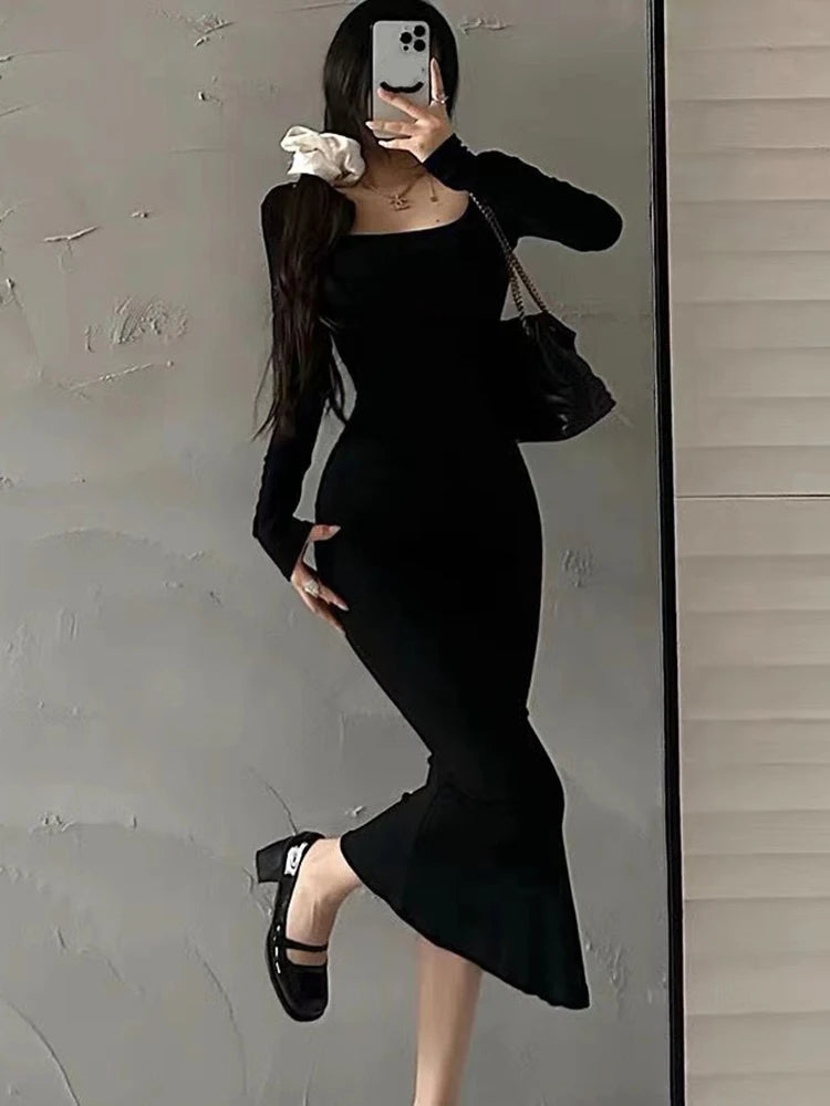 Ribbed Solid Long Sleeve Square Neck Skinny Bodycon Dress