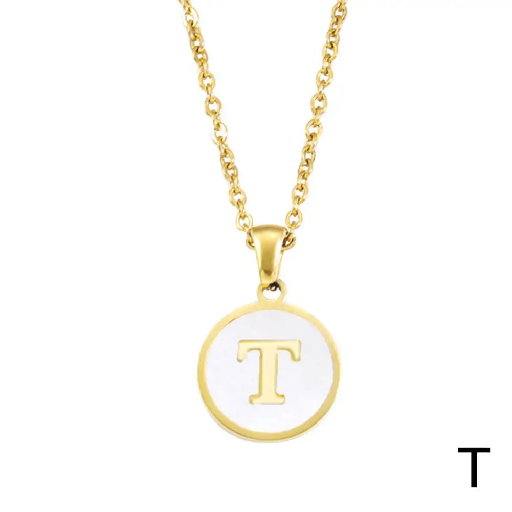 Vintage Initial 26 Letters A To Z White Shell Pendant Necklace Gold Color Steel For Women Men Choker Jewelry Necklace