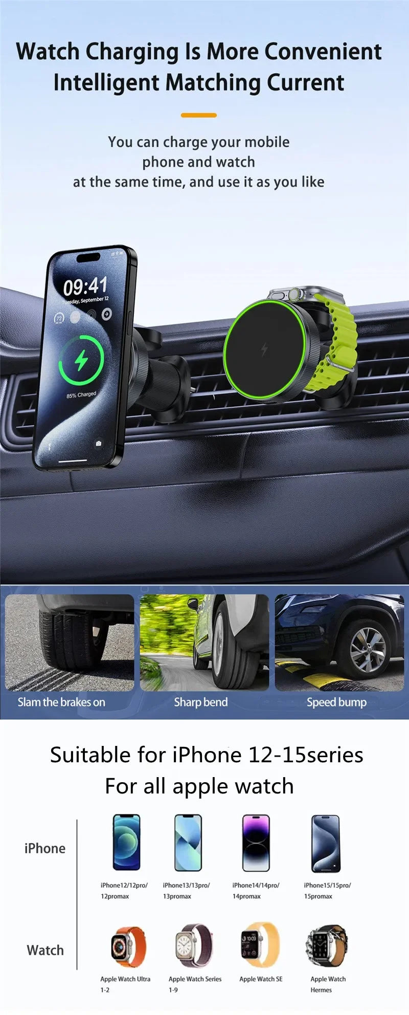 NEW 2 In 1 Magnetic Car Wireless Charger for Apple Watch IWatch 8 7 6 iPhone 15 14 13 12 Pro Max Car Fast Charging Holder Mount