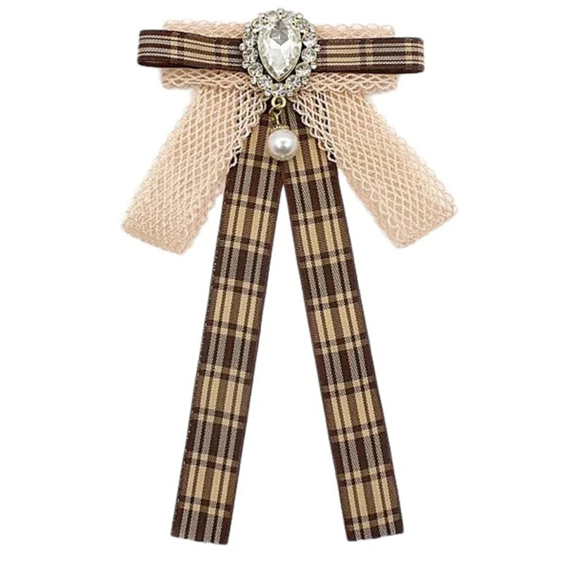 Ribbon Bowtie Brooch Pin Student Uniform Pre Tied Necktie Clip Vintage Brown Plaids Bowknot Corsage Shirt Jabot Collar