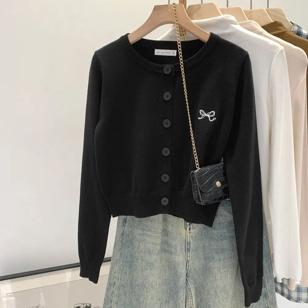 Solid Bowknot Crochet Sweaters Autumn Spring Long Sleeve Cardigans