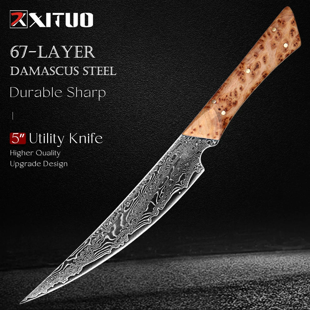 Damascus Steel Handmade Curved Edge Japanese Utility Knife,Full Tang Pakkawood Handle,High Hardness Sharp Kitchen Peeling Knife