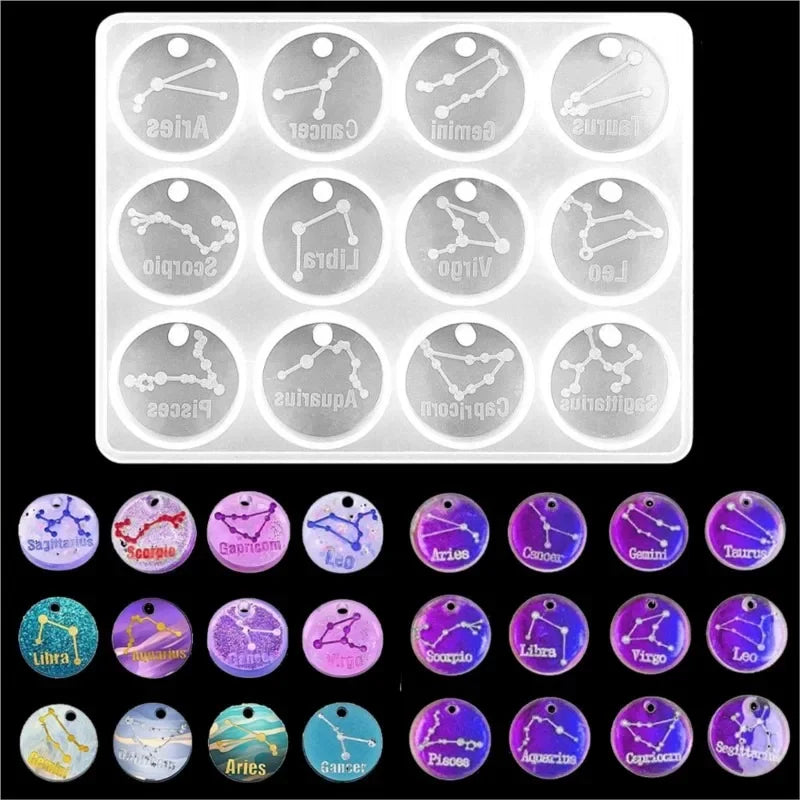 12 Zodiac Constellation Resin Molds Round Star Zodiac Sign Epoxy Silicone Casting Mould for DIY Jewelry Crafts Making Supplies
