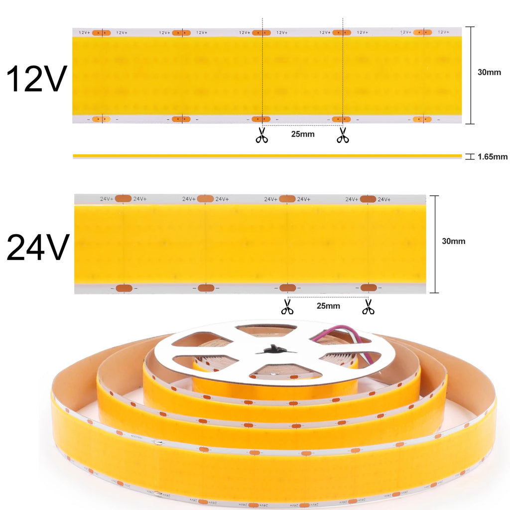 Ultra Bright COB LED Strip Lights 12V 24V 1600LEDs/M Flexible Tape Ribbon 30mm Wide Home Lamp Strip for Room Bedroom Kitchen